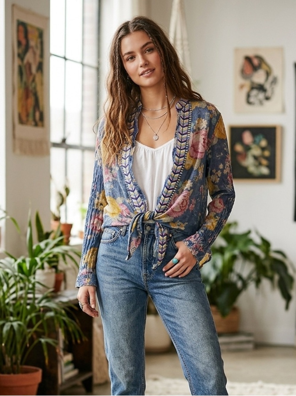 Magazine Embroidered Floral Button Down Long Sleeve Shirt XL